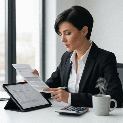 Business owner reviewing tax documents on a tablet with a calculator and coffee on a modern desk, clean, professional, no text, no words, no typography, 8K