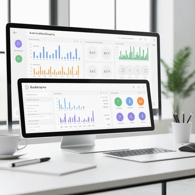 Modern office setting with digital dashboards displaying financial data, symbolizing automated bookkeeping's impact on financial health and growth