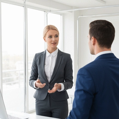 Professional accountant advising a business owner about tax obligations in a modern office setting, clean, bright, no text, no words, no typography, 8K