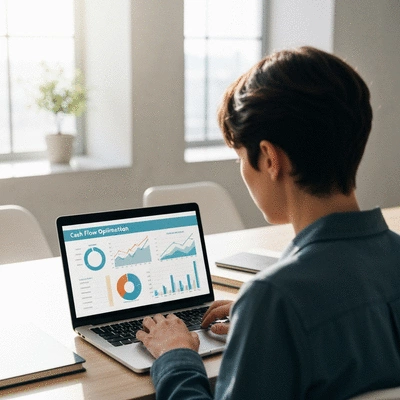 Person analyzing financial data on a laptop, with charts and graphs, representing cash flow optimization.