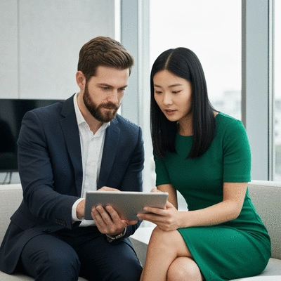 Financial expert discussing strategies with a startup founder, in a modern office setting, representing tailored advice.