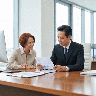 Professional tax agent explaining tax documents to a small business owner in a modern office