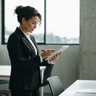 Professional looking at legal documents on a tablet, symbolizing compliance with Fair Work Act 2025, modern office setting, bright natural light, no text, no words, no typography, clean image