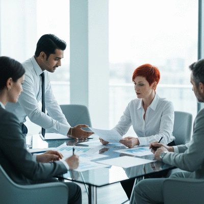 Modern office setting with several professionals collaborating on financial reports, diverse team, clean and bright environment