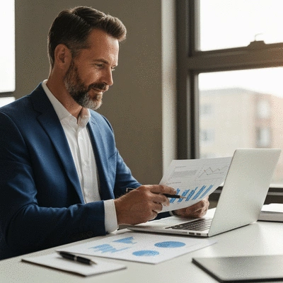 Australian small business owner reviewing financial documents on a laptop, with graphs and charts on screen, natural lighting